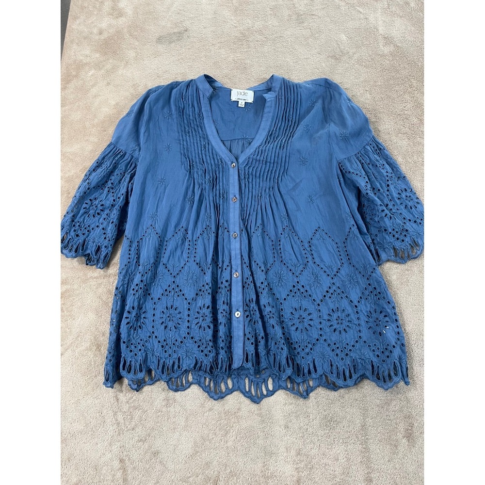 Jade By Johnny Was Pintuck Eyelet Blouse Women M Blue Silk Blend 3/4 Sleeve Boho
